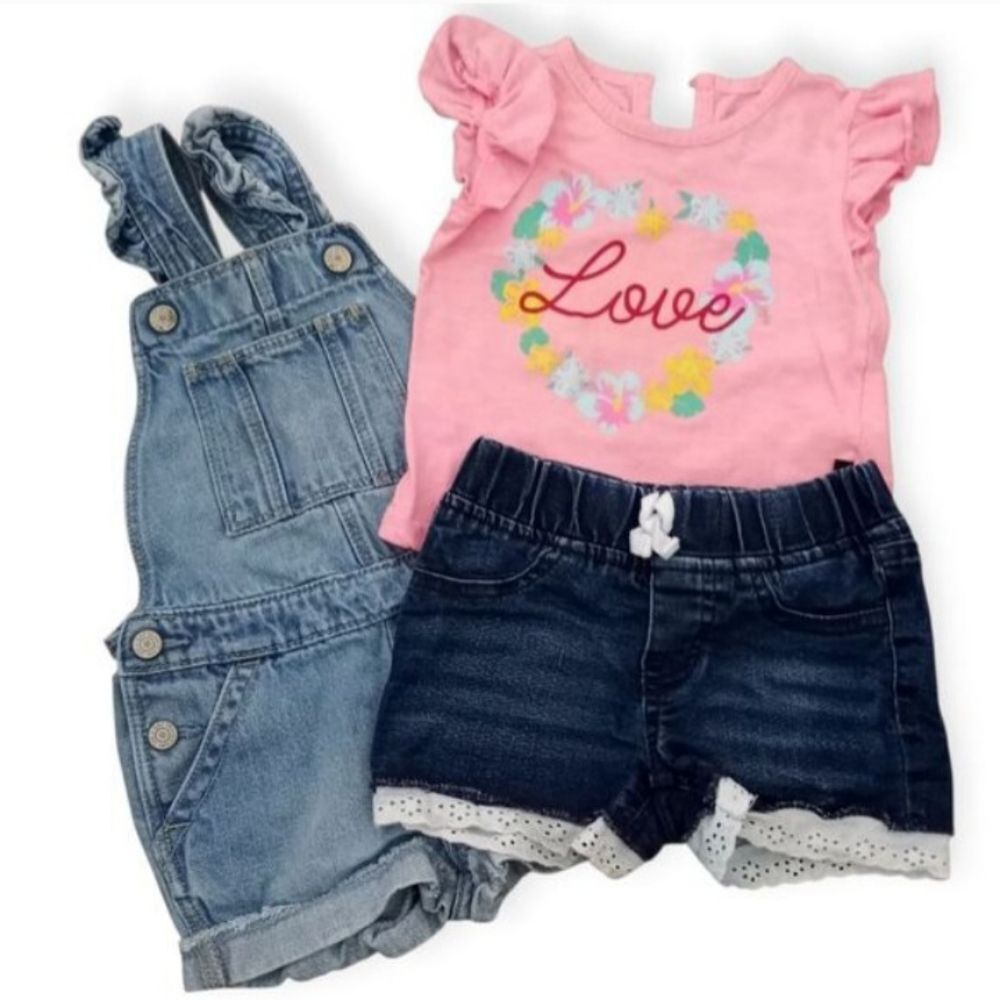 Gap Denim Blue Overalls and Buffalo Pink Love T-Shirt & Shorts Bundle Sz.2T EUC.